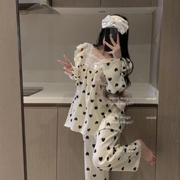 Heart Print Sleepwear Women Pyjama Sets Square Collar Pants 2 Pieces Piiama Korean Sleeping Full Sleeve Sping Night Wears 240108