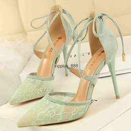 2024 Summer Designer Women 10cm Extreme High Heels Wedding Sandals Mesh Up Green Heels Lace Cross Tie Prom Sandals Female Shoes