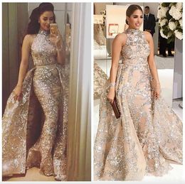 Yousef Aljasmi 2024 Bling Bling Lace Evening Dresses Dubai Arabic Sequins Prom Gowns Overskirt Detachable Train Champagne Party Gowns