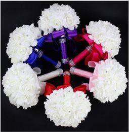 Elegant Rose Artificial Bridal Flowers Bride Bouquet Wedding Bouquet Crystal Royal Blue Silk Ribbon New Buque De Noiva 6 Colors8744710