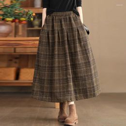 Skirts NINI WONDERLAND Woven Plaid A-line Pleated Skirt For Women 2024 Autumn Elastic Waist Loose Casual Female Vintage