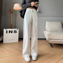 Jeans Woman's Baggy Wide Leg Jeans Multibutton High Waist Straight Cotton Denim Pants Autumn New Female Beige Trousers Streetwear