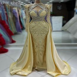 2024 Aso Ebi Cream Mermaid Prom Dress Crystals Beaded Pearls Sequined Evening Formal Party Second Reception Birthday Engagement Gowns Dresses Robe De Soiree ZJ432