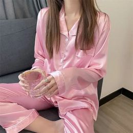 Women Silk Satin Pyjamas Pyjamas Set Sleepwear Pijama Couple Suit drop sales with 240108