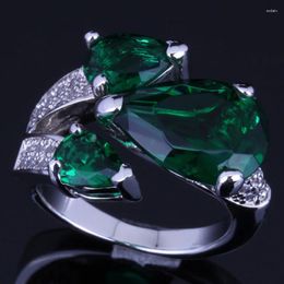 Cluster Rings Brilliant Pear Green Cubic Zirconia White CZ Silver Plated Ring V0147