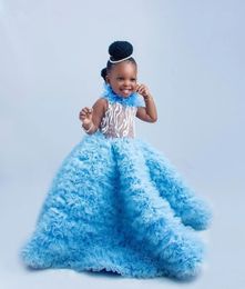 Feahter 2024 Girl Pageant Dress Flower Girls Dresses for Wedding Light Sky Blue Kids Ruffles Party Birthday Gowns for Photoshoot