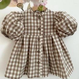 Girl Dresses 2024 Spring Summer Children Retro Cardigan Plaid Puff Sleeves Casual Dress Kid Baby Cotton Party Princess