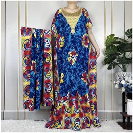 Ethnic Clothing Muslim Abaya For Women Loose Short Sleeve Maxi Femme Robe African Dashiki Sequins Printed Floral Dress With Big Headscarf