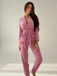 Women's Sleepwear Marthaqiqi Winter Women Nightgown Suit Sexy V-Neck Long Sleeve Nightwear Lace Up Pyjama Pants Velvet Femme Nightie Set