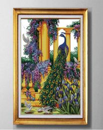 Purple flowers peacock Cross Stitch kits needlework Sets embroidering Pattern Printed on fabric DMC 11CT 14CT Flowers house Seri2206527