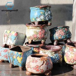 Planters Pots Strongwell Korean-style Hand-painted Purple Sand Pot Pottery Clay Breathable Handmade Succulent Flower Pot Square Basin YQ240109