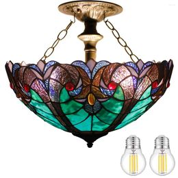 Ceiling Lights WERFACTORY Tiffany Light Fixture Green Liaison Stained Glass Semi Flush Mount Lamp Wide 16 Inch Height 15