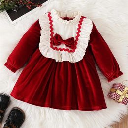 Girl Dresses Princess Velvet Toddler Baby Girls Dress Kids Christmas Costumes Patchwork Ruffled Long Sleeve Bowknot Front A-Line