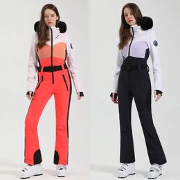 Jackets 2023 Winter New Onepiece Ski Suit Women Slim Outdoor Snowboarding Jacket Warm Waist Skiing Set Jumpsuits Windproof Waterproof