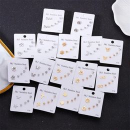 Stud Earrings 3pcs/set Stainless Steel For Women Girls Fashion Simple Heart Butterfly Star Moon Earring Card Set Gift Wholesale