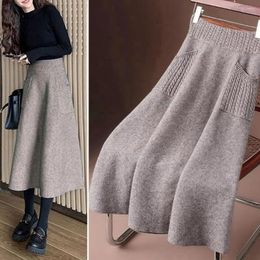 Skirts High Waist Skirt Cosy Knitted A-line Midi With Elastic Pockets For Women Soft Warm Stretchy Solid Fall