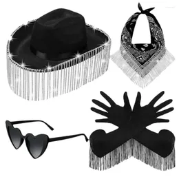 Berets 652F Fashion Cowboy Hat Masquerade Party Costume Sunglasses Scarf Set Dress Up Outfit