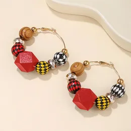 Hoop Earrings Vintage Ethnic Plaid Printing Geometric Wood Beads Big Circle For Women Daily Wear Beaded Jewellery