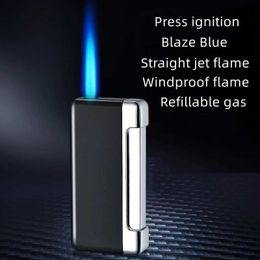 Metal Blue Flame Jet Lighter Outdoor Windproof Butane No Gas Cigar Lighter With Adjustable Flame Size Men's Ignition Tool