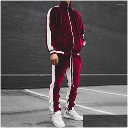 Men'S Tracksuits Mens Tracksuits Gold Veet Sports Two-Piece Suit For Men 2024 Autumn Winter Contrasting Color Casual Retro Street Jac Ot7Cf