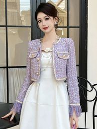 Fashion Sweet Short Jacket for Women Elegant Purple Tweed Coat Long Sleeve Tops Femme Date Clothes Party Street Outwear Spring 240109
