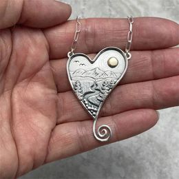 Pendant Necklaces Delicate Women Necklace Creative Mountains Trees Birds River Sun Engraved Heart Alloy Jewellery Accessories