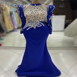 2024 Aso Ebi Royal Blue Mermaid Prom Dress Crystals Pearls Satin Evening Formal Party Second Reception Birthday Engagement Gowns Dresses Robe De Soiree ZJ433
