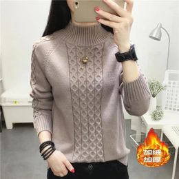 Women's Sweaters Twist Semi-High-Necked Warm Sweater Autumn And Winter 2024 Add Velvet Padded Loose Solid Colour Bottoming Shirt Women