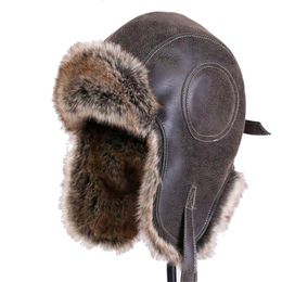 Winter Hat Men Women's Pilot Bomber Trapper Faux Fur Leather Snow Cap With Ear Flaps Windproof Warm Lei Feng 240108