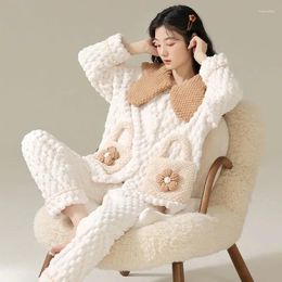 Women's Sleepwear 2024 Pyjamas Winter Coral Fleece Thickened Warm Flannel Pastoral Loungewear Set Doll Collar Loose Homewear