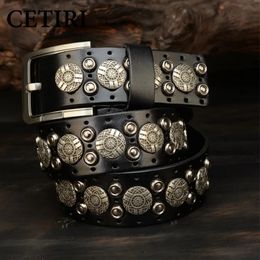 100 Top Grain Real Leather Cowboy Motorcycle Jeans Heavy Metal Rivet Belts For Men Punk Rock Male Belt Strap 240109