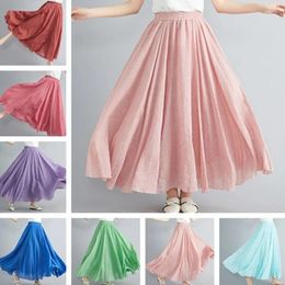 Skirts Women Linen Cotton Long Elastic Waist Pleated Maxi Beach Boho Vintage Summer Faldas Saia High Quality