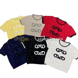 Shiny Crystal Knits Top Women Short Sleeve Knitwear Designer Embroidered Knitted Tee Casual Style Knitwears