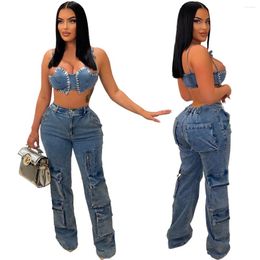 Women's Jeans Women High Waisted Long Cargo Sexy Zipper Straight Pants With Pockets Y2k Streetwear Casual Denim Blue Bottoms