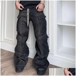 Men'S Plus Size Pants Wide Leg Mti-Pockets Grey Baggy Jeans For Men Straight Dstring Denim Trousers Drop Delivery Apparel Mens Dhx8C