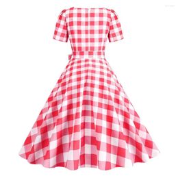 Casual Dresses Swing Dress With Invisible Zipper Retro Plaid Print A-line Square Collar Bowknot Decor For Women's Vintage