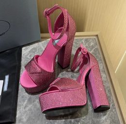 Designer Luxury Black Satin Rosa Pink Crystal Runway Open Toe Sandals Pumps Outsole Slide Sandals Shoes With Box Heel