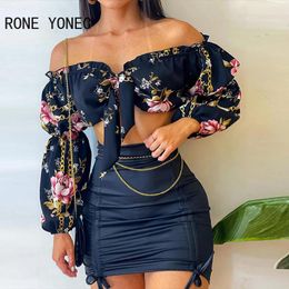 Jackets Women Chic Slash Collar Lantern Sleeves All Over Print Crop Top & Solid Pattern Shirring Bodycon Skirt Sets