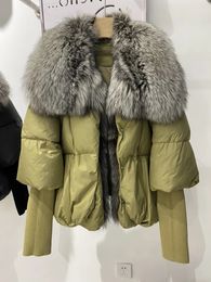 Female Winter Silver Fox Fur Collar White Goose Down Jacket Short Parker Detachable Thick Warm Real Women 240108