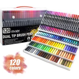 Watercolour Art Markers Brush Pen 12/48/60/72/100/120 Colour Dual Tip Fine Line Drawing for School Stationery Painting Set Supplie 240108