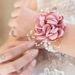 Decorative Flowers Wrist Corsage Wedding Bracelet For Bridesmaid Burgundy Silk Sisters Hand Men Boutonniere Decor