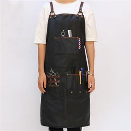 WEEYI Hair Salon Aprons Black Waterproof Cotton Leather Cross Back Barber Uniform Apron For Men Women Hairdresser Apron delantal 23300258