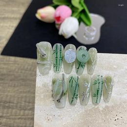 False Nails Misskitty Handmade Press-on Real S Pure Wear National Style Hand Painted White Snake Dark Green Jade Bamboo Small Clear