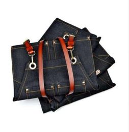 Denim Bib Apron Leather Strap Barista Baker Work Uniform Bartender BBQ Chef Cook3917127