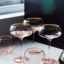 Wine Glasses Luxury Pink Wine Glass Ice Cream Beer Whisky Cup Cocktail Champagne Glass Home Kitchen Goblet Golden Edge Crystal Glass Wine Set YQ240105