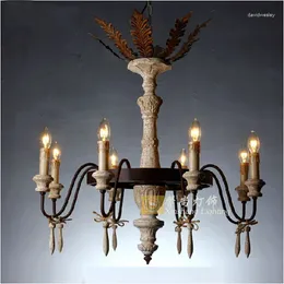 Pendant Lamps American Country Retro Wooden Chandelier Carved Iron Dining Room Living Decorative