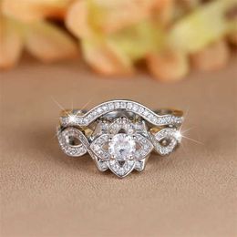 Cluster Rings 2pcs Luxury Rose Flower Bridal Sets White Zircon Promise Engagement Ring Set For Women Silver Color Wave Wedding Bands Jewelry YQ240109