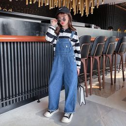 Teenage Girls Loose Denim Jumpsuits Autumn Casual Kids Wide Leg Straight Trouser Student Children Solid Blue Jeans Overalls 240108
