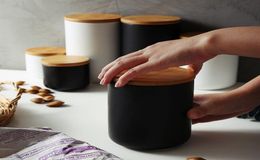 Nordic Ceramic Storage Jar with Bamboo Lid Airtight Sealed Ceramic Canister Set of 3 Container for Coffee Tea Sugar Spice Black Wh3492645