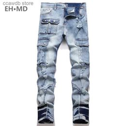 Men's Jeans EHMD Large Pocket Double Button Jeans Men's Panel Pants Worn Holes 3D Cotton Zipper Fit Elastic High Street Soft Youth Gradient T240109